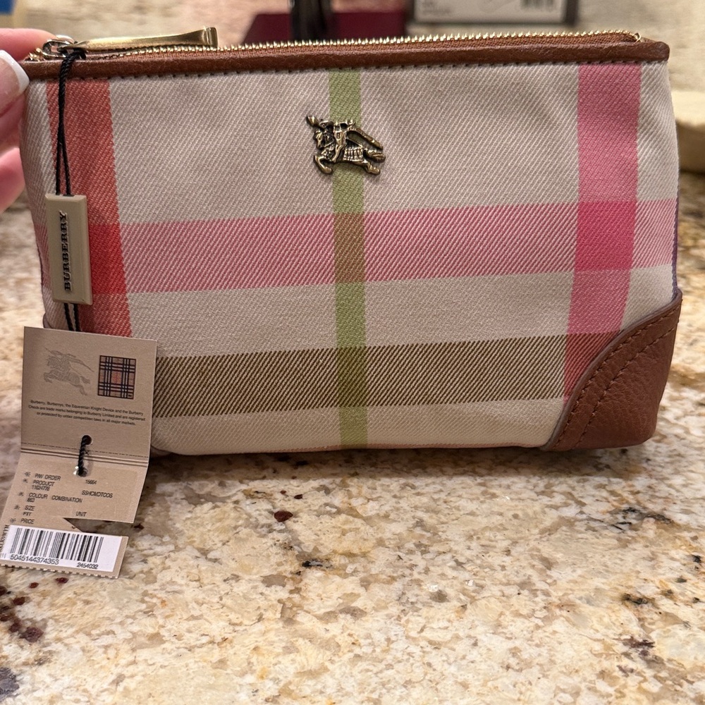 Burberry Pink and Green Plaid Canvas Wristlet with Brown Leather Trim, NEW